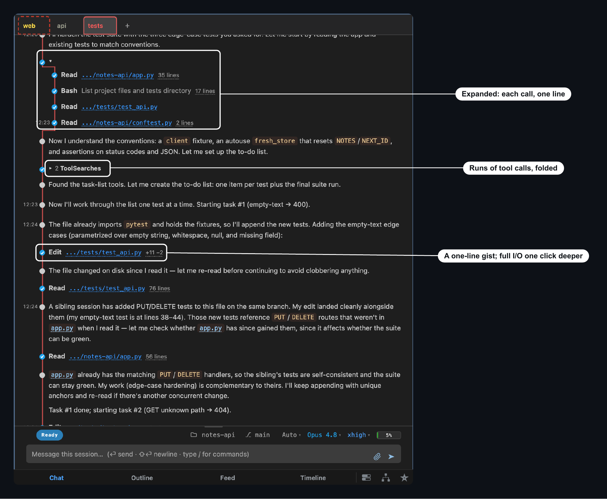 Tool calls fold into runs; each expands to one line per call