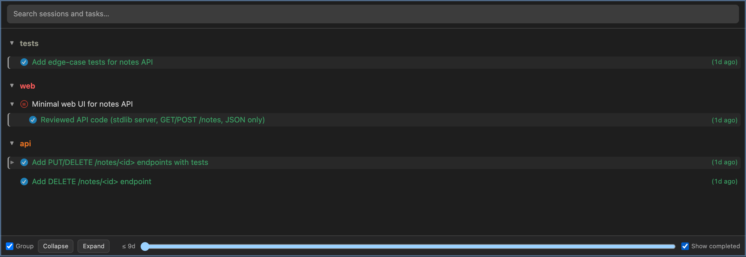 The outline: each session's tasks as a tree